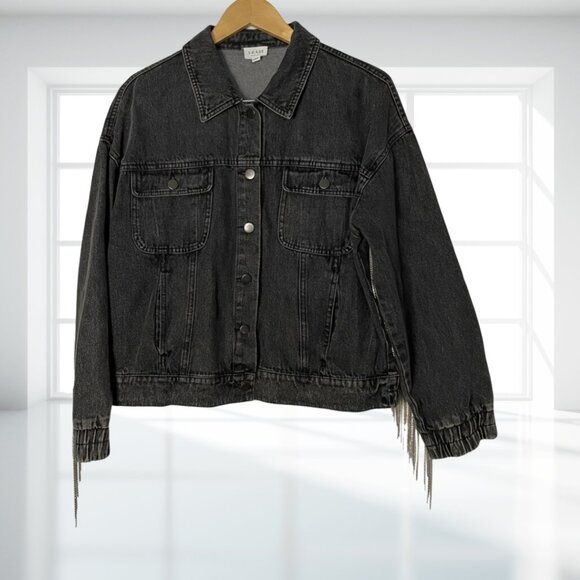 Le Lis Tassel Denim Jacket M | Black Wash Rhinestone Chain Fringe Cotton Western - Picture 9 of 16